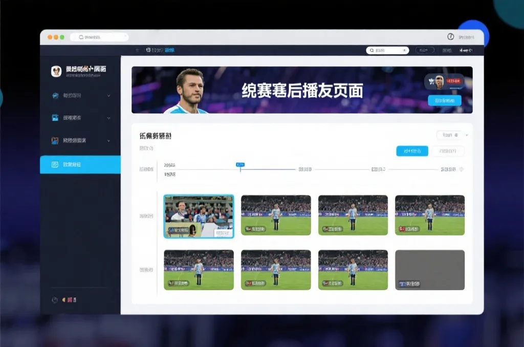 比赛结束后，电视屏幕展示集锦回放页面，旁边有时间轴和多角度切换提示